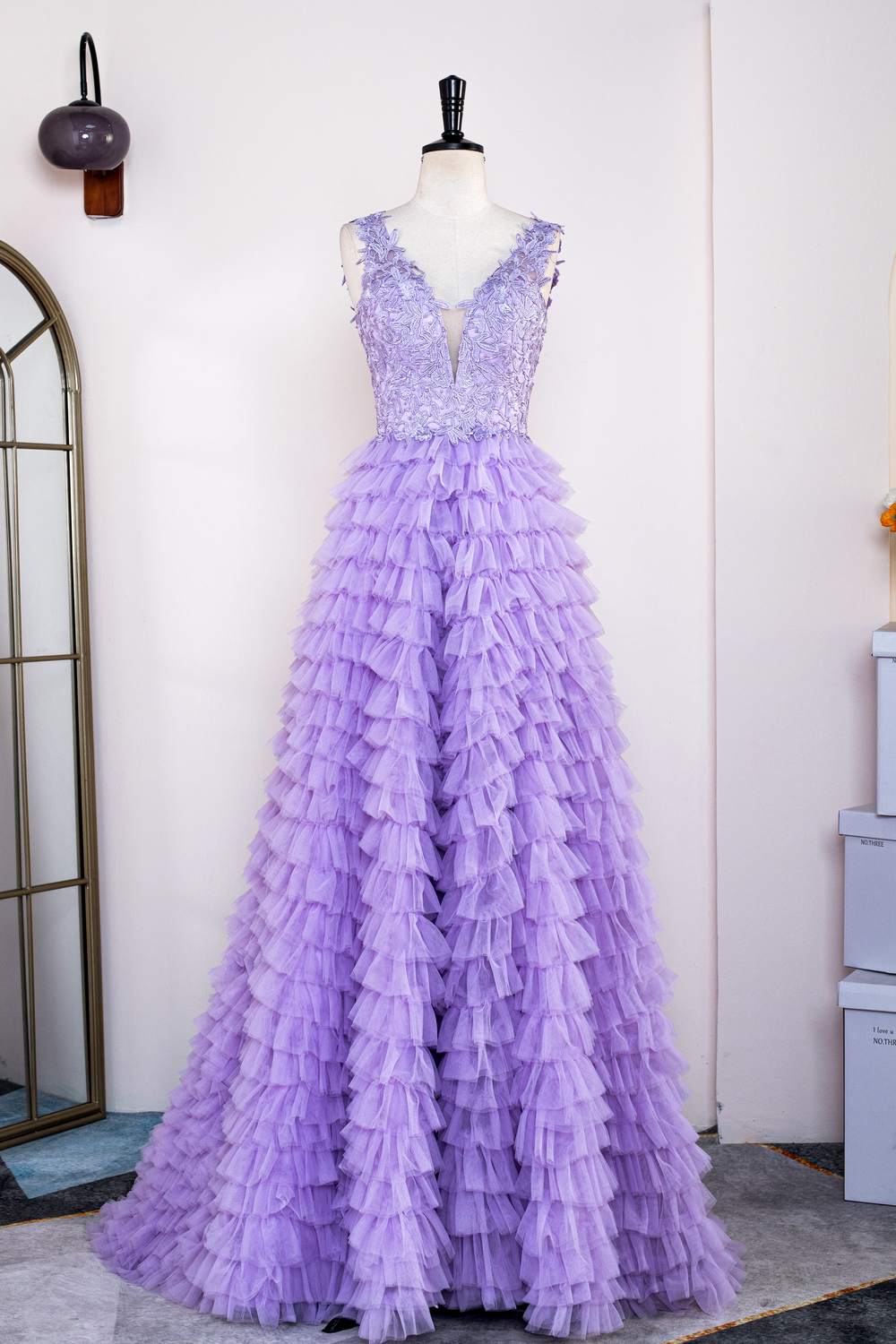 Lavender Plunging V Neck Layers Appliques Gemmanovae Long Prom Dress with Slit