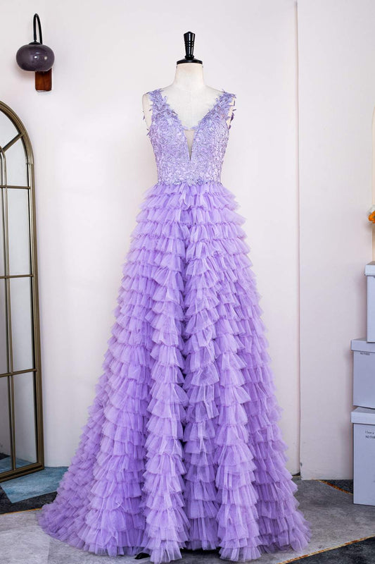 Lavender Plunging V Neck Layers Appliques Gemmanovae Long Prom Dress with Slit