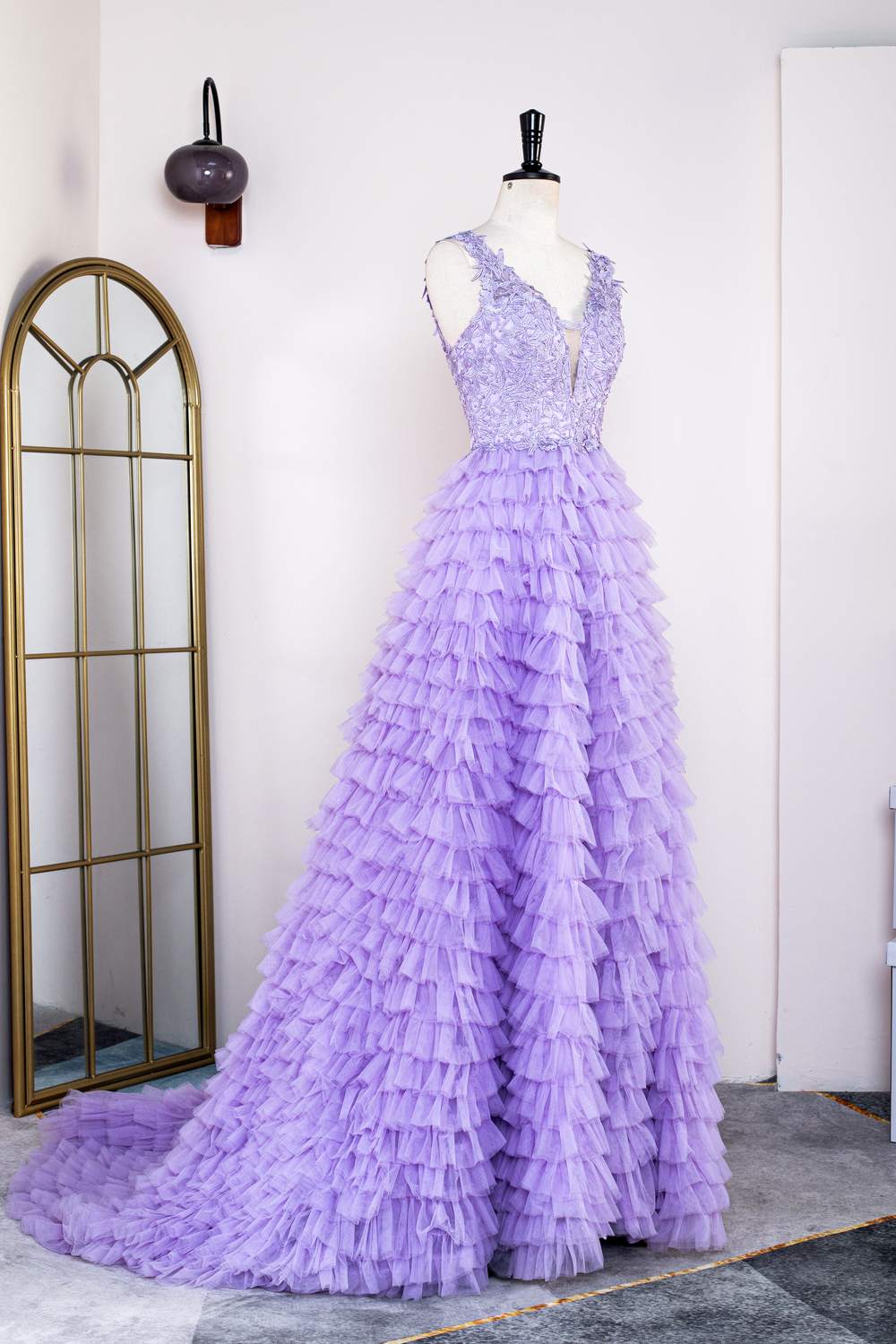 Lavender Plunging V Neck Layers Appliques Gemmanovae Long Prom Dress with Slit