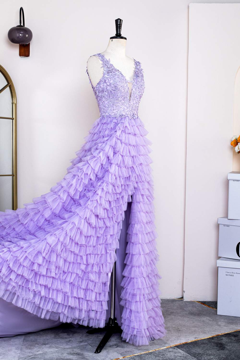 Lavender Plunging V Neck Layers Appliques Gemmanovae Long Prom Dress with Slit