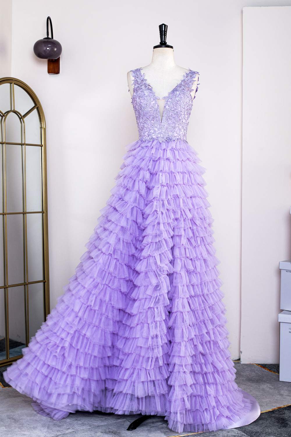 Lavender Plunging V Neck Layers Appliques Gemmanovae Long Prom Dress with Slit