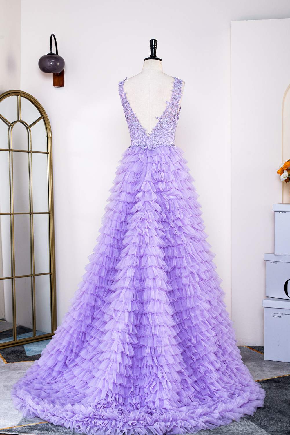 Lavender Plunging V Neck Layers Appliques Gemmanovae Long Prom Dress with Slit