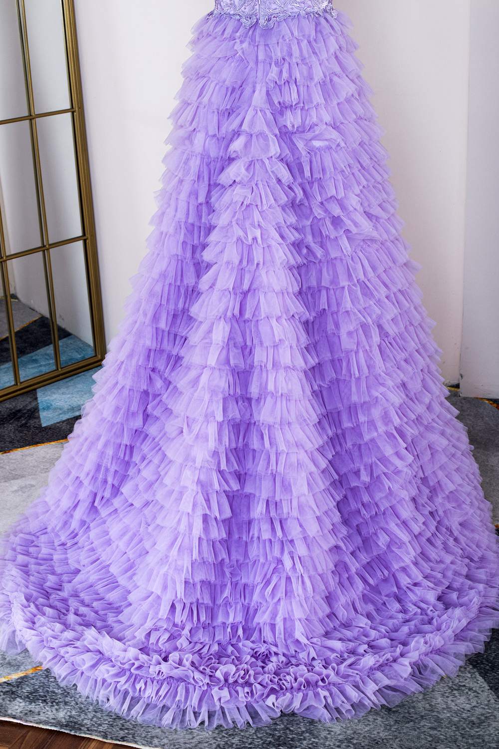 Lavender Plunging V Neck Layers Appliques Gemmanovae Long Prom Dress with Slit