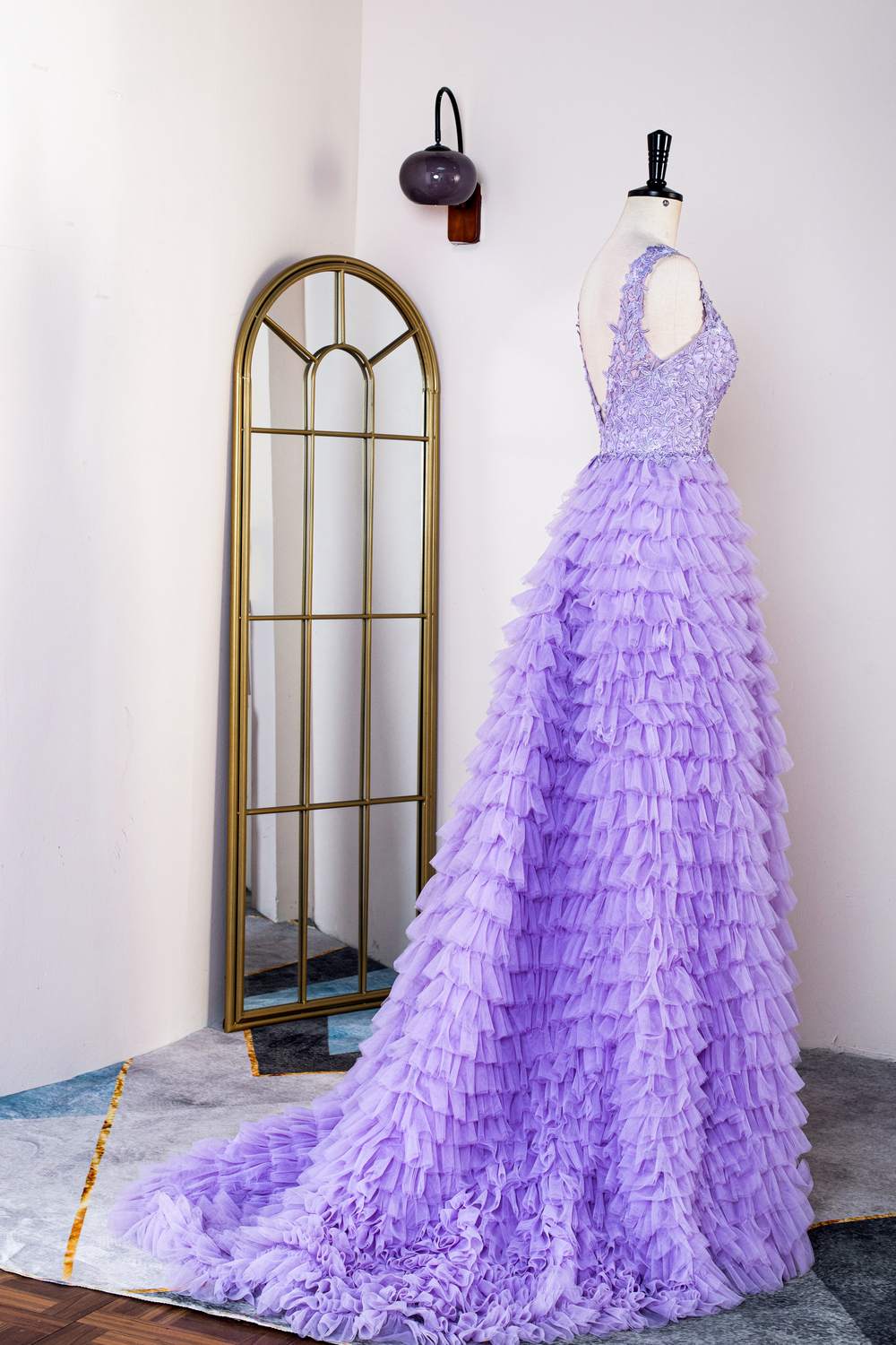 Lavender Plunging V Neck Layers Appliques Gemmanovae Long Prom Dress with Slit