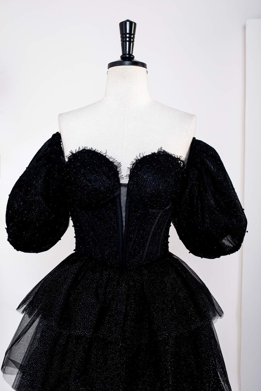 Sparkly Black Off-Shoulder Puff Sleeves Layers Gemmanovae Long Prom Dress