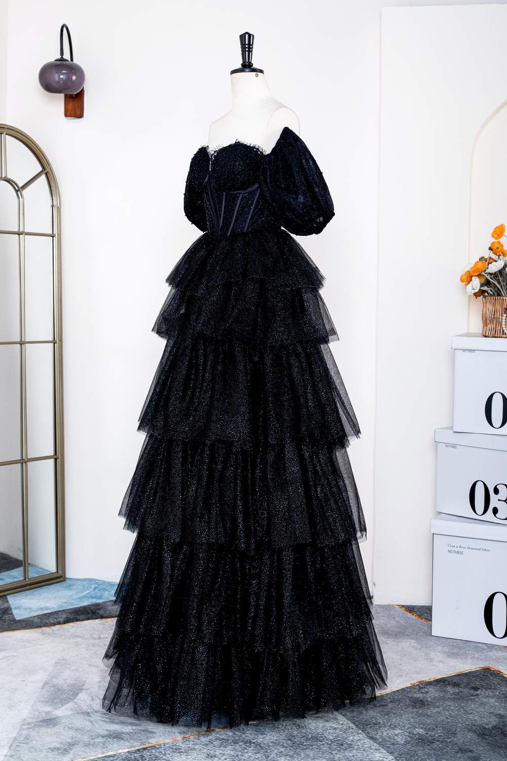 Sparkly Black Off-Shoulder Puff Sleeves Layers Gemmanovae Long Prom Dress