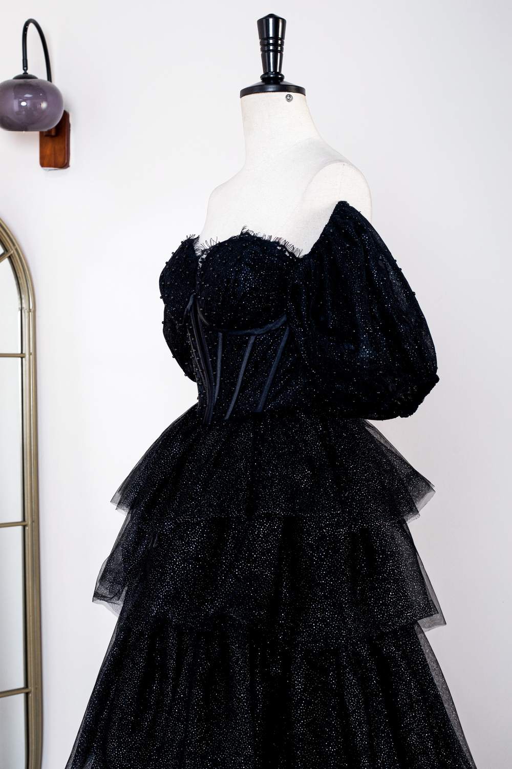 Sparkly Black Off-Shoulder Puff Sleeves Layers Gemmanovae Long Prom Dress