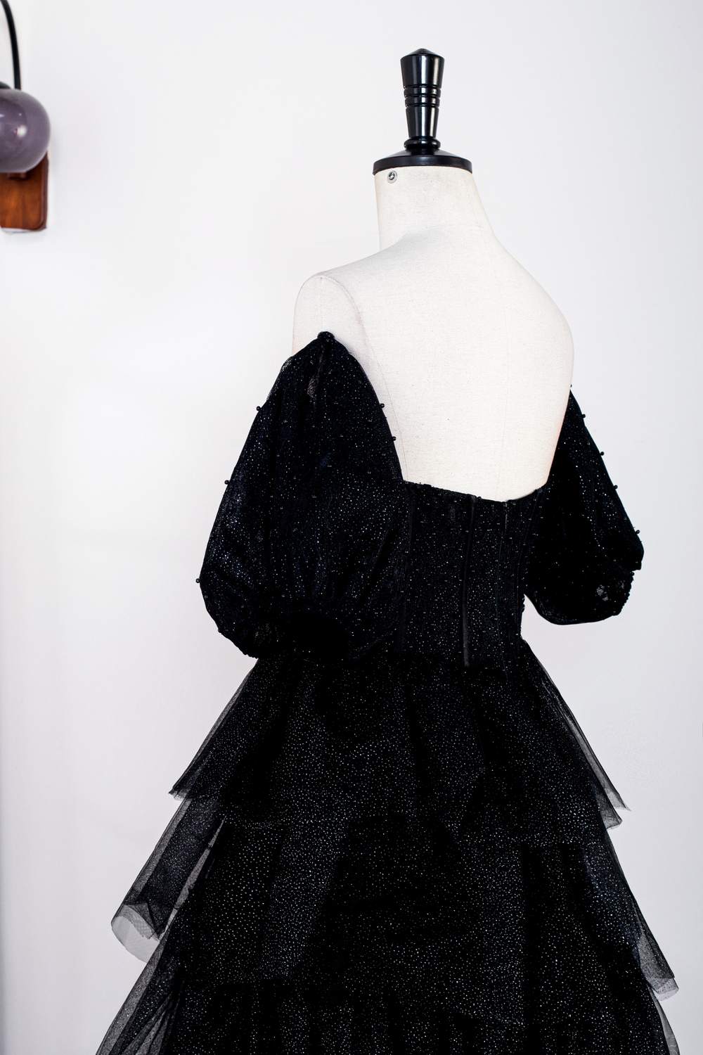 Sparkly Black Off-Shoulder Puff Sleeves Layers Gemmanovae Long Prom Dress