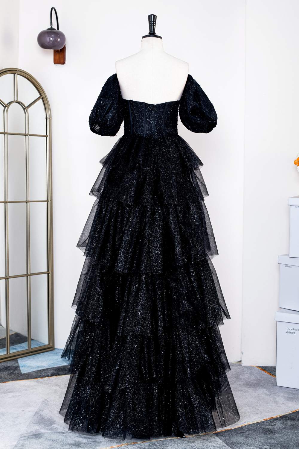 Sparkly Black Off-Shoulder Puff Sleeves Layers Gemmanovae Long Prom Dress