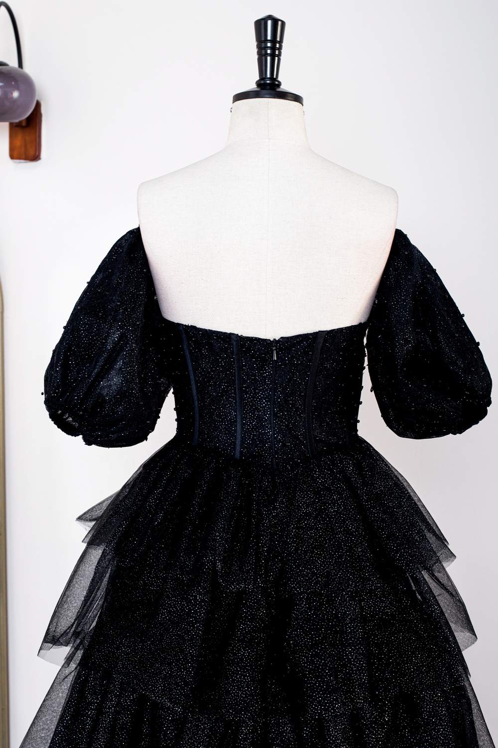 Sparkly Black Off-Shoulder Puff Sleeves Layers Gemmanovae Long Prom Dress