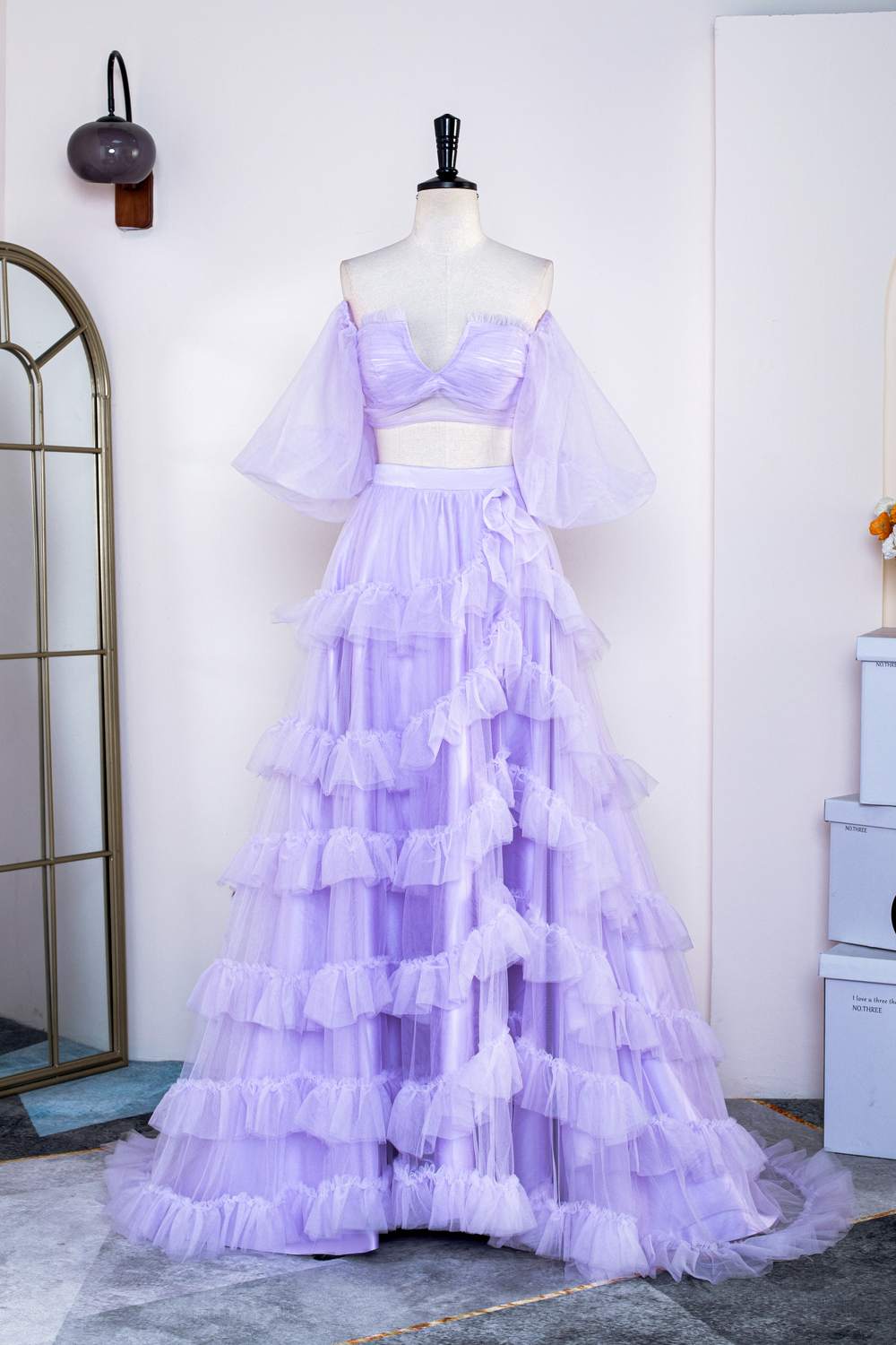 Lavender Off-Shoulder Layers Two-Piece Puff Sleeves Gemmanovae Long Prom Dress with Slit