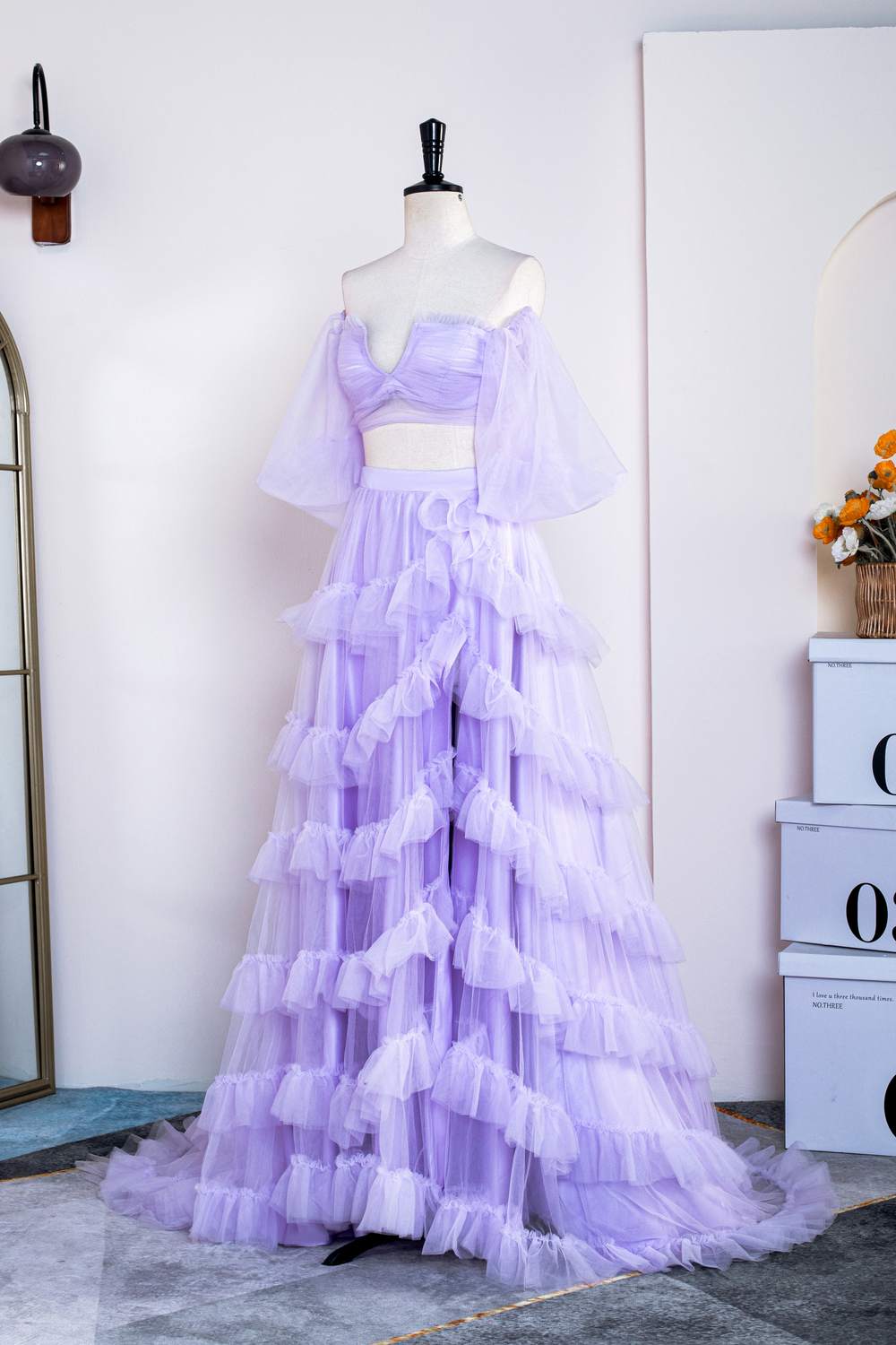 Lavender Off-Shoulder Layers Two-Piece Puff Sleeves Gemmanovae Long Prom Dress with Slit