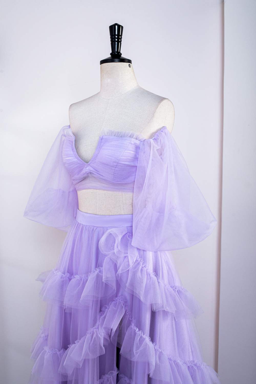 Lavender Off-Shoulder Layers Two-Piece Puff Sleeves Gemmanovae Long Prom Dress with Slit