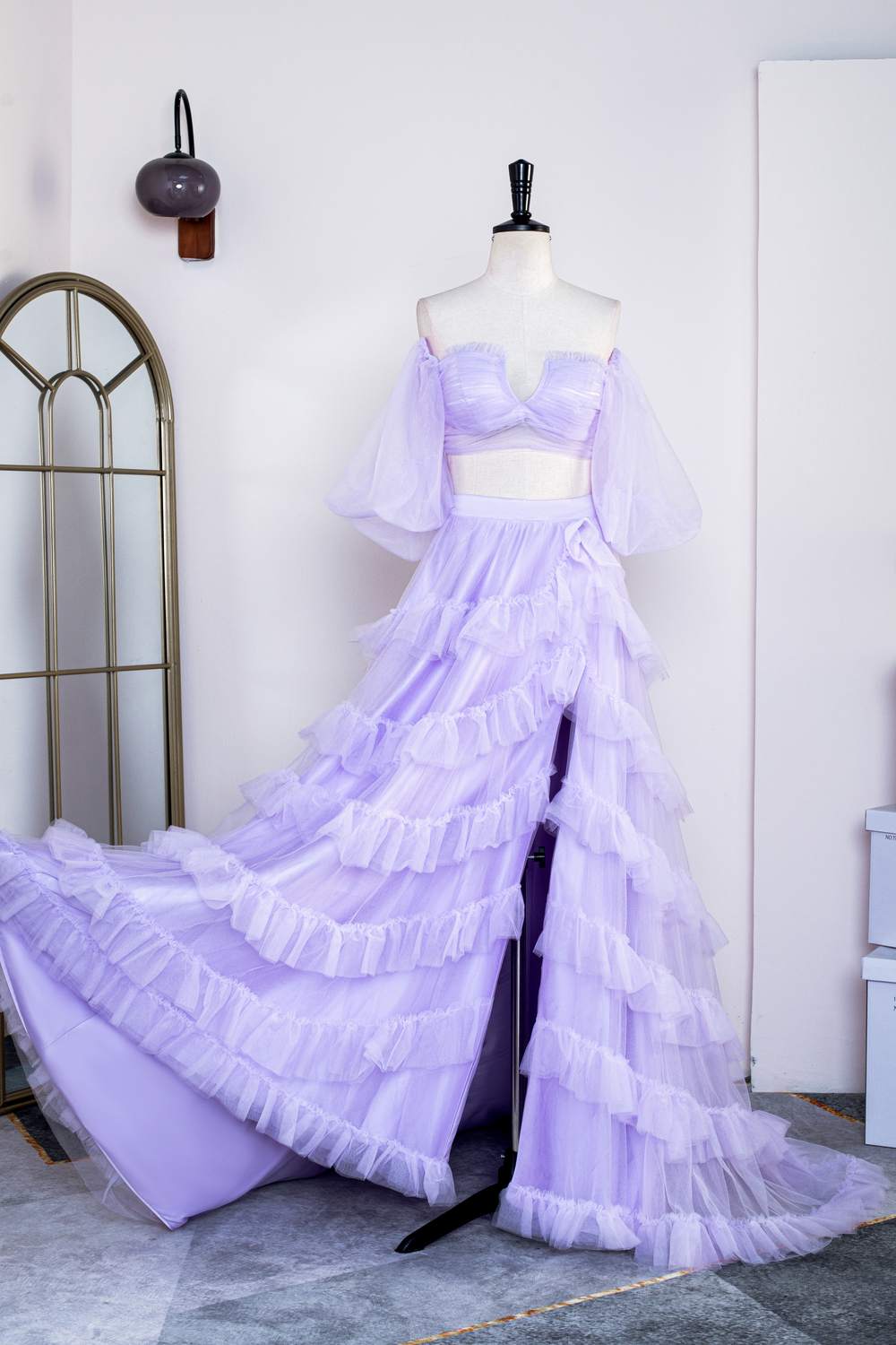 Lavender Off-Shoulder Layers Two-Piece Puff Sleeves Gemmanovae Long Prom Dress with Slit