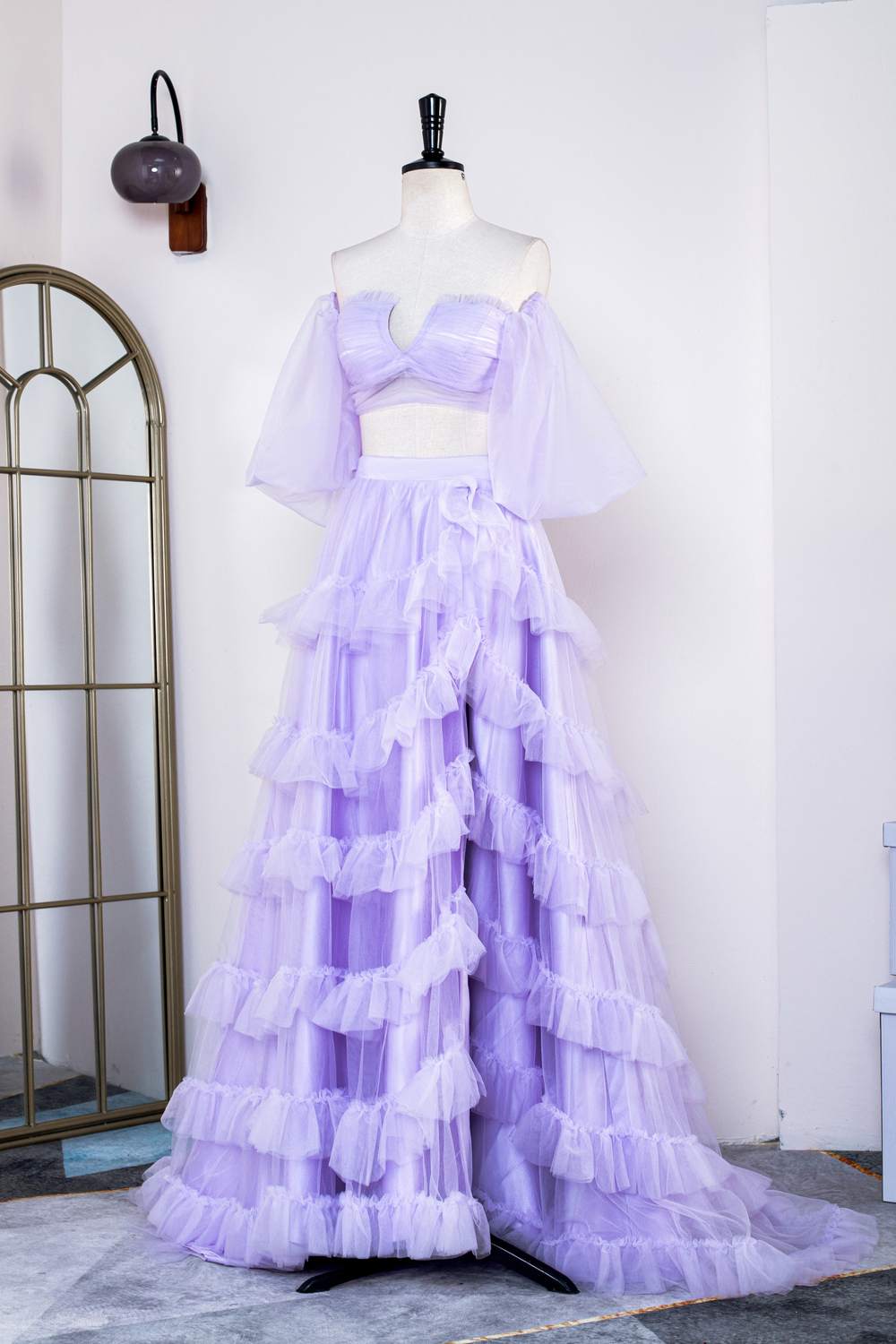 Lavender Off-Shoulder Layers Two-Piece Puff Sleeves Gemmanovae Long Prom Dress with Slit