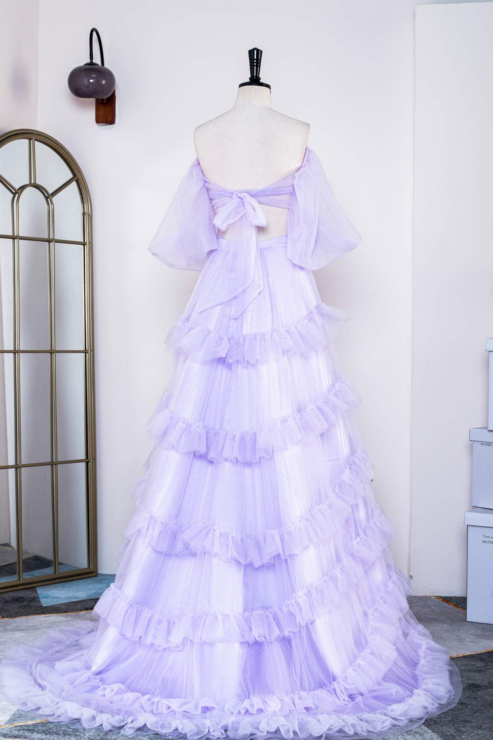 Lavender Off-Shoulder Layers Two-Piece Puff Sleeves Gemmanovae Long Prom Dress with Slit