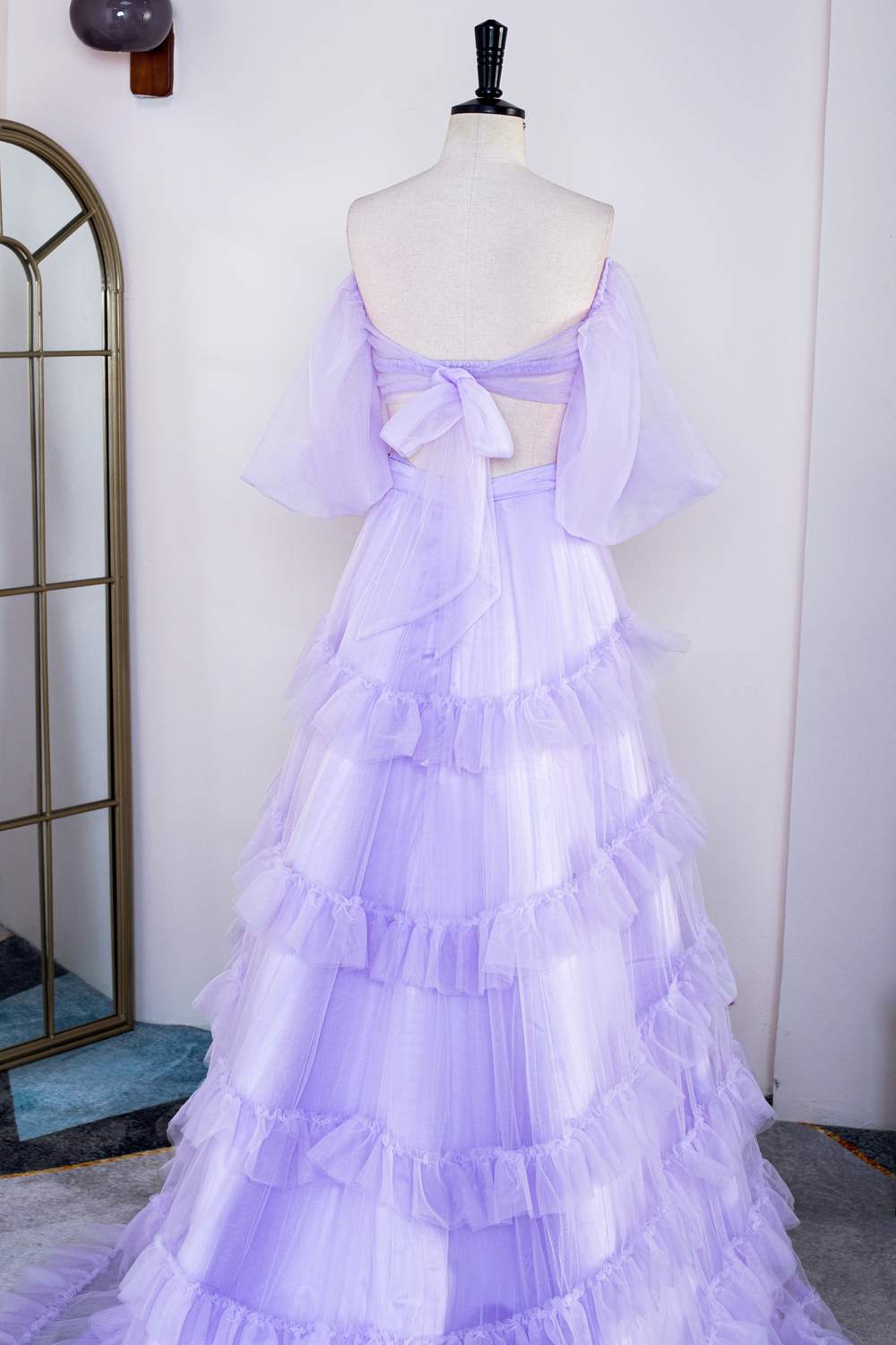 Lavender Off-Shoulder Layers Two-Piece Puff Sleeves Gemmanovae Long Prom Dress with Slit