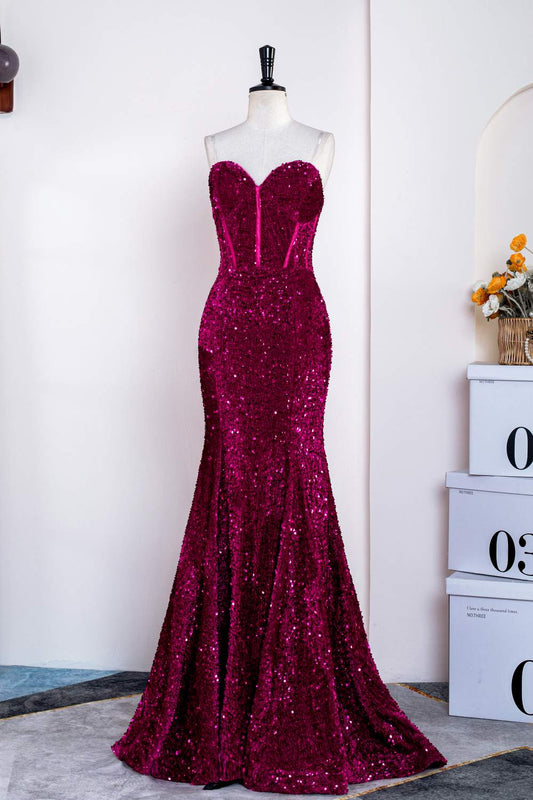 Gemmanovae Fuchsia Strapless Sequins Mermaid Long Prom Dress