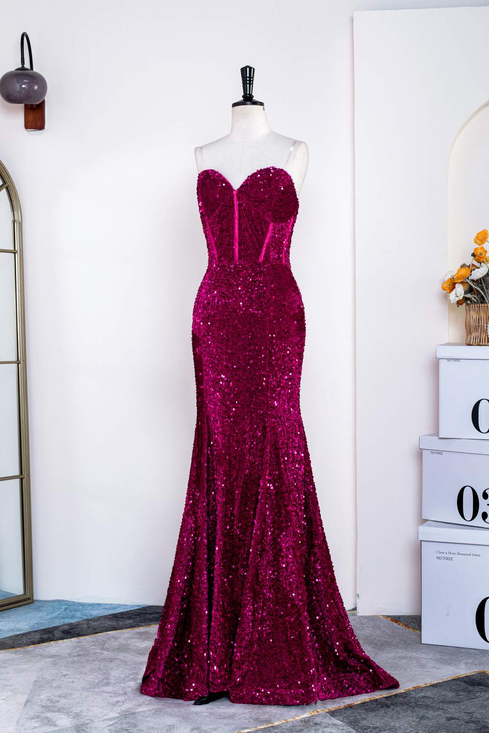 Gemmanovae Fuchsia Strapless Sequins Mermaid Long Prom Dress