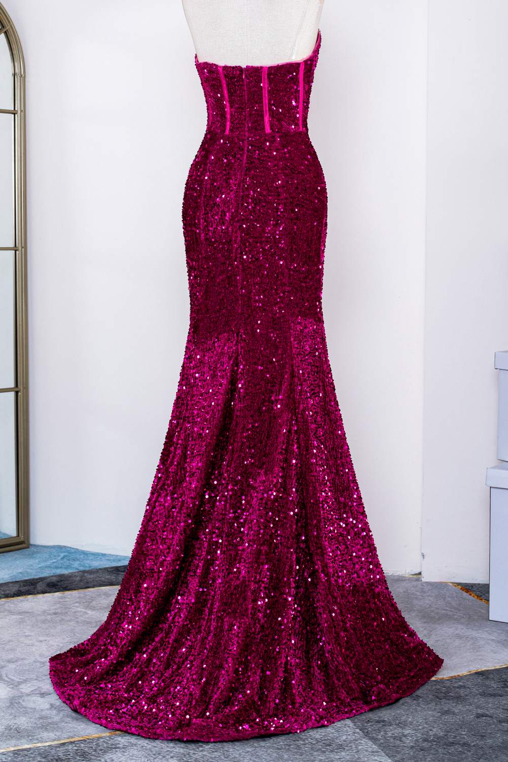 Gemmanovae Fuchsia Strapless Sequins Mermaid Long Prom Dress