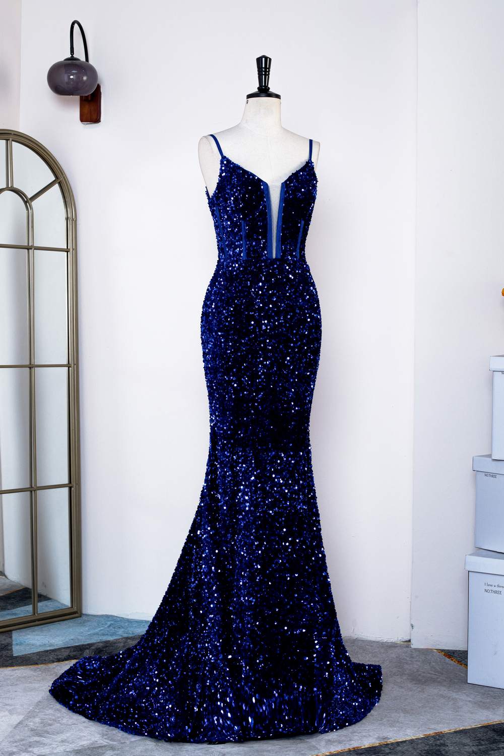 Royal Blue Mermaid Spaghetti Straps Sequins Gemmanovae Long Prom Dress