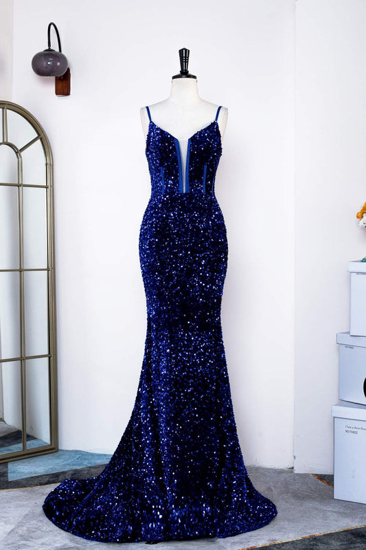 Royal Blue Mermaid Spaghetti Straps Sequins Gemmanovae Long Prom Dress