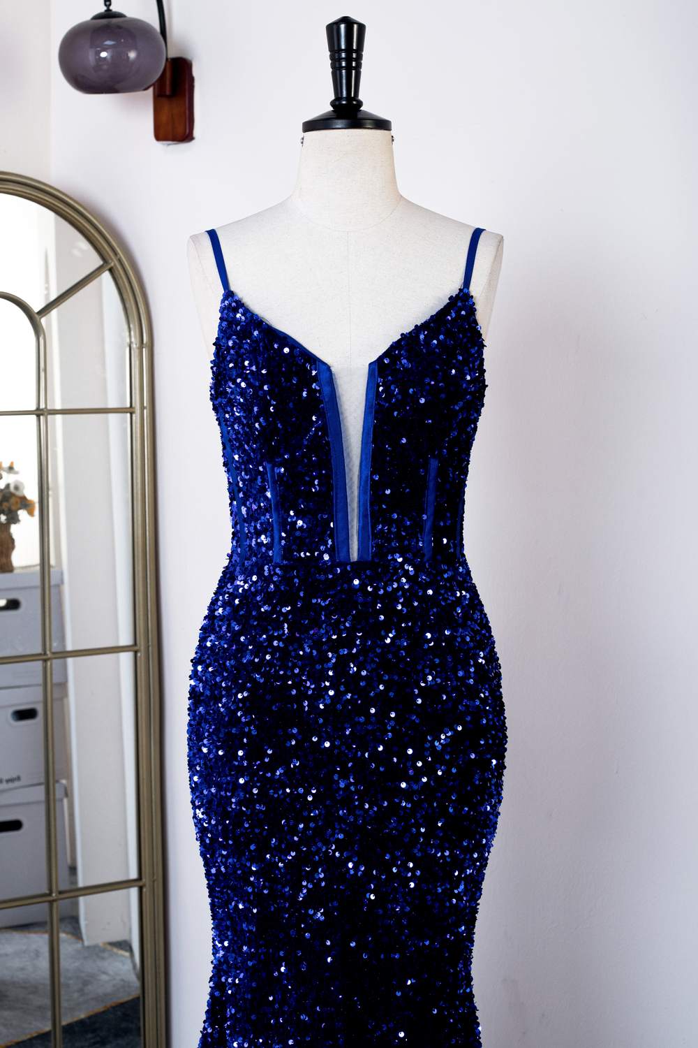 Royal Blue Mermaid Spaghetti Straps Sequins Gemmanovae Long Prom Dress