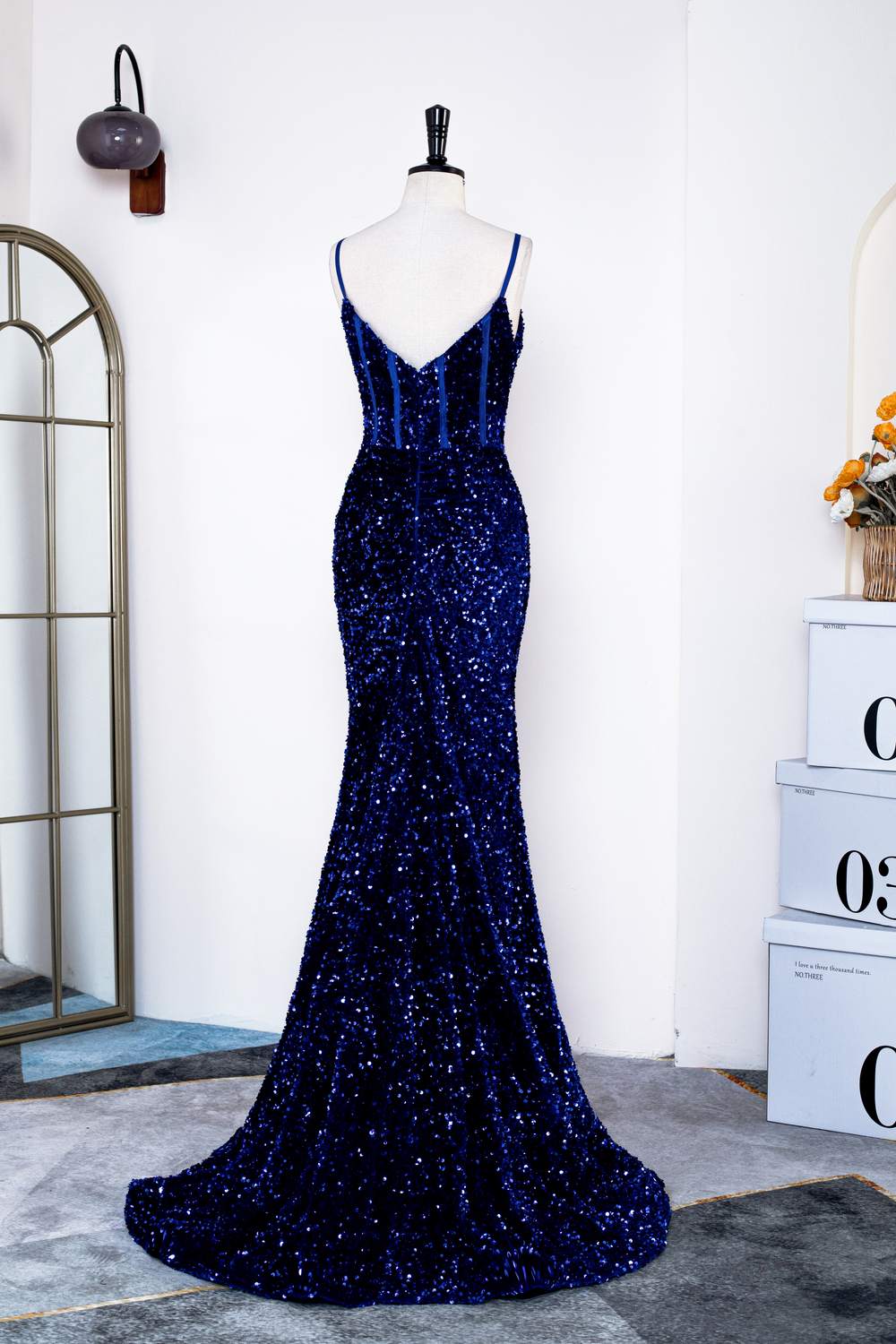 Royal Blue Mermaid Spaghetti Straps Sequins Gemmanovae Long Prom Dress