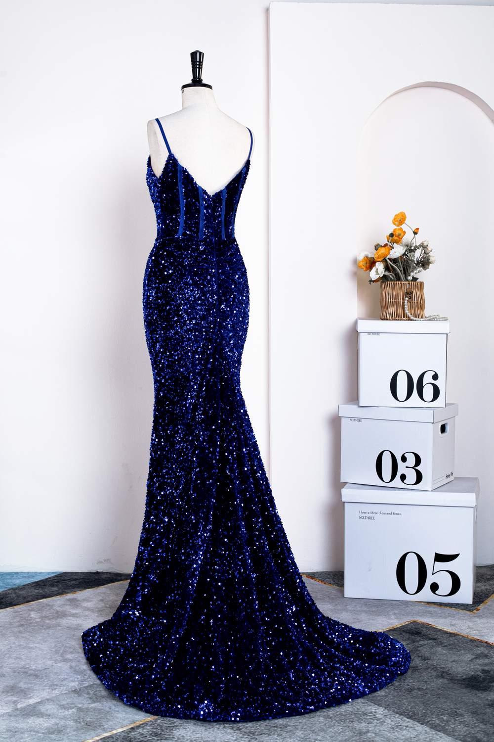 Royal Blue Mermaid Spaghetti Straps Sequins Gemmanovae Long Prom Dress