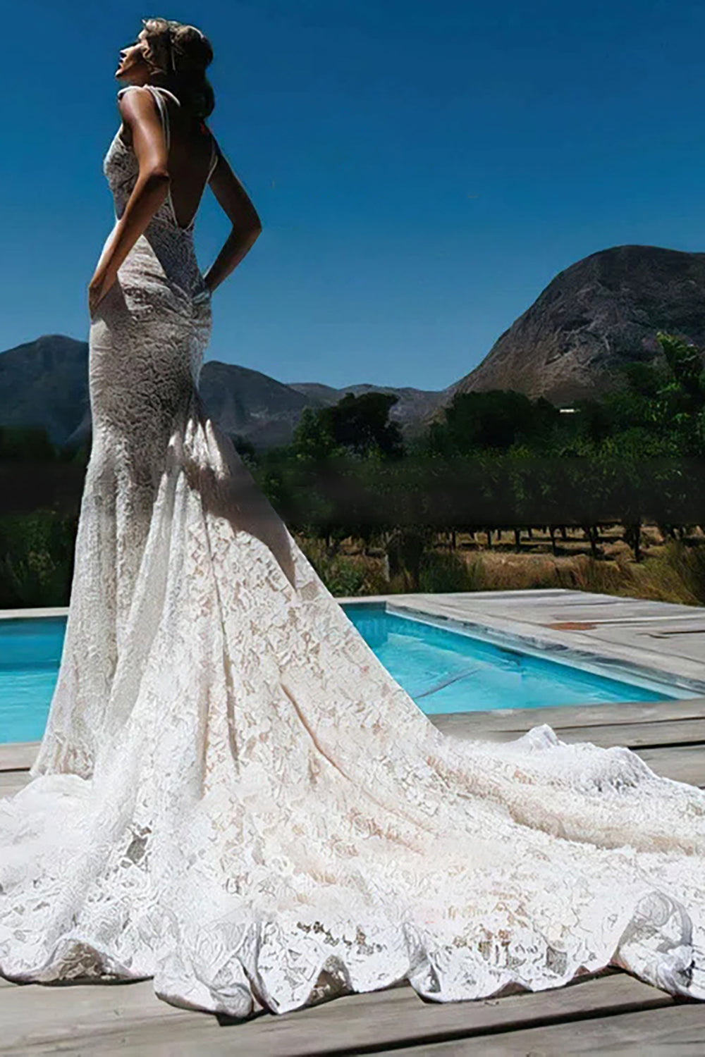 Deep V-Neck Lace Wedding Dress With Sweep Train