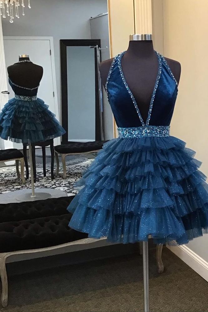 Gemmanovae Halter Turquoise Beaded A-line Short Ruffle Homecoming Dress