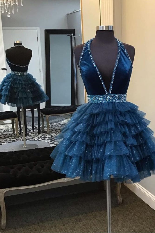 Gemmanovae Halter Turquoise Beaded A-line Short Ruffle Homecoming Dress