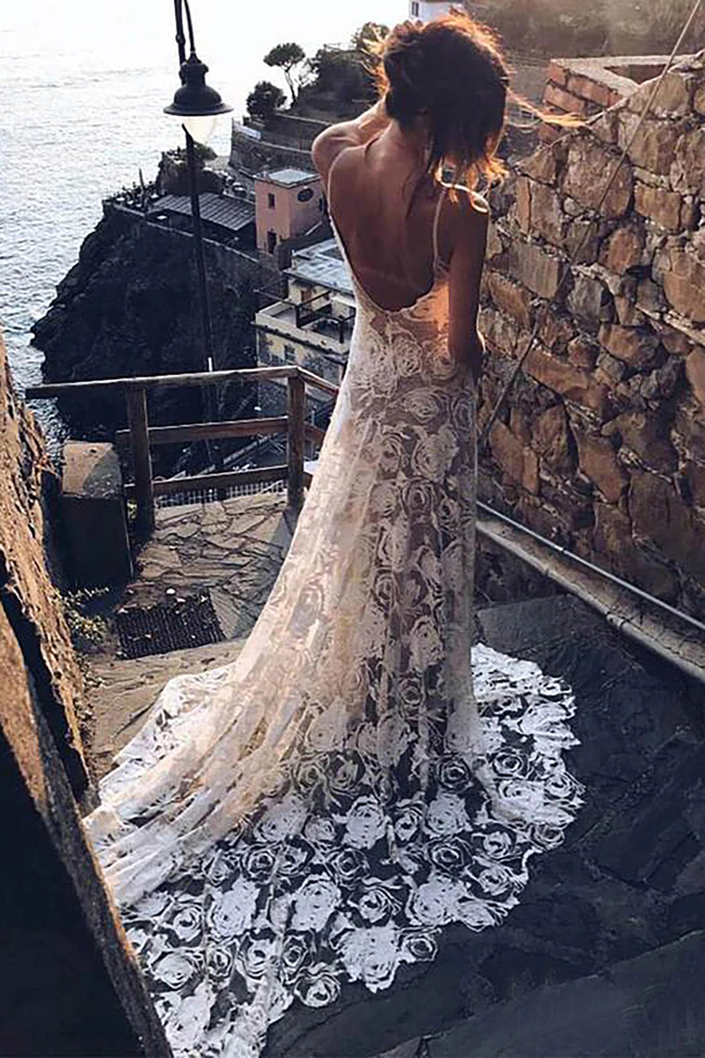 White Lace Mermaid Wedding Dress With Sweep Train