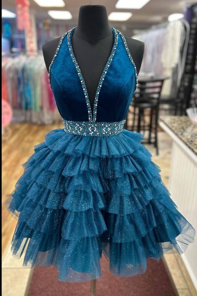 Gemmanovae Halter Turquoise Beaded A-line Short Ruffle Homecoming Dress