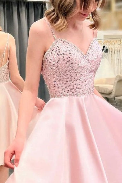 Pink Satin Beaded Short Cute A-Line Backless Party Prom Dress Gemmanovae Homecoming Dresses