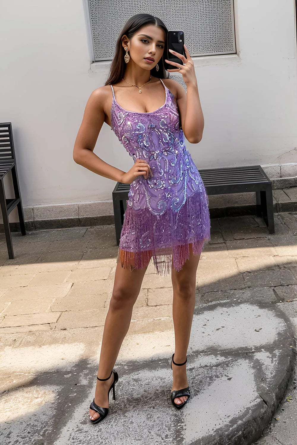 Purple Spaghetti Straps Fringed Sequins Tight Short Homecoming Dress