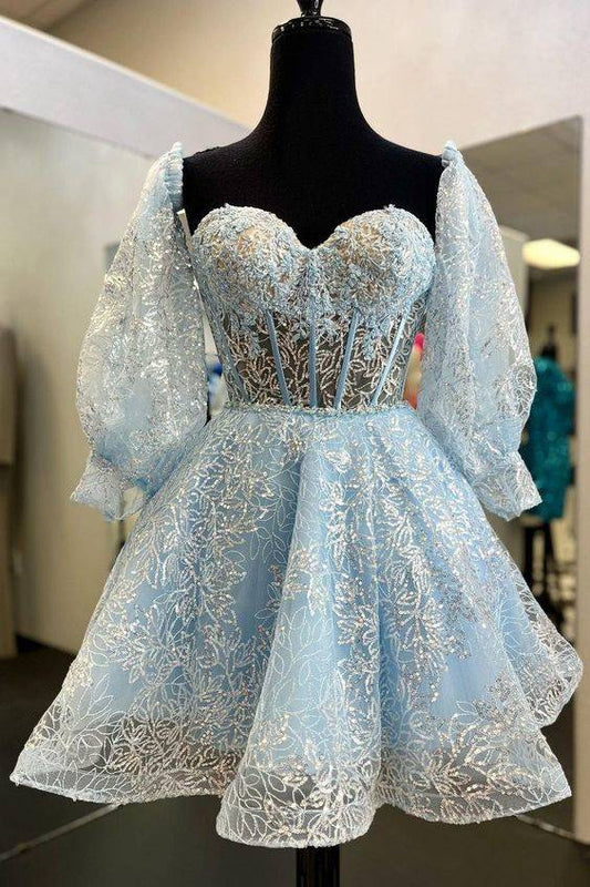 Blue Strapless Appliques Homecoming Dress with Detachable Sleeves