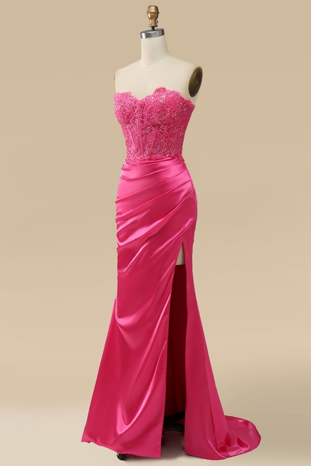 Gemmanovae Fuchsia Strapless Appliques Mermaid Long Prom Dress with Slit