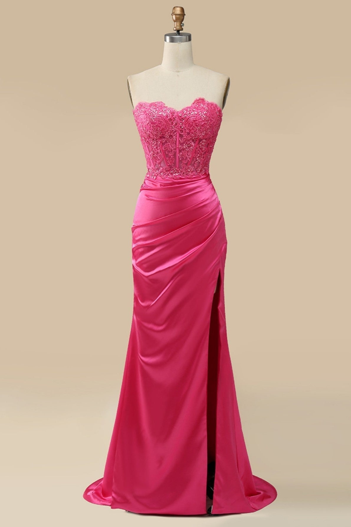 Gemmanovae Fuchsia Strapless Appliques Mermaid Long Prom Dress with Slit