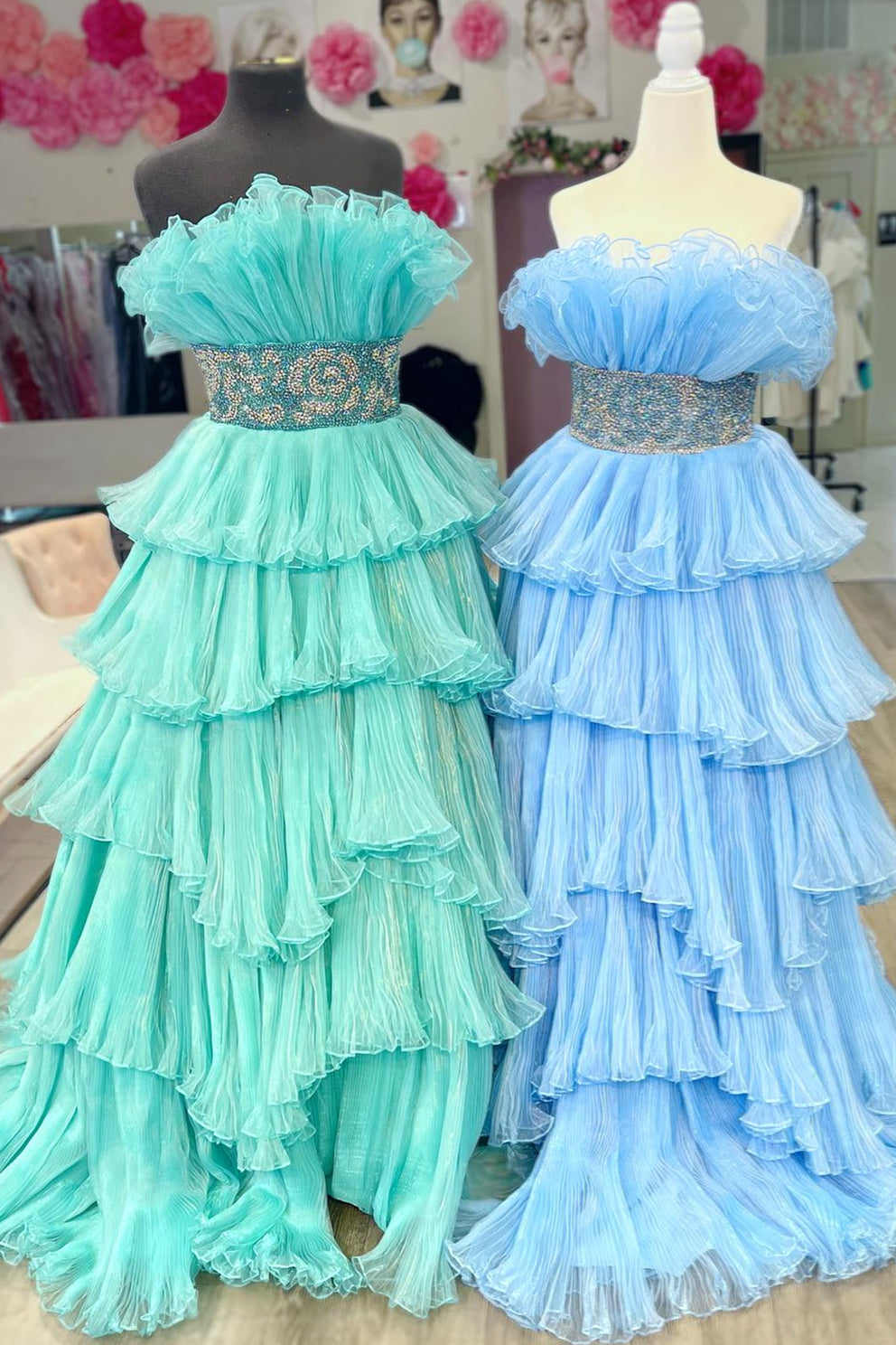 Mint Green Ruffled Strapless Layers Gemmanovae Long Prom Dress with Beaded Waistband