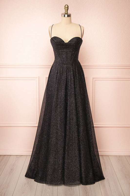 Sparkly Black Lace-Up A-line Sweetheart Gemmanovae Long Prom Dress