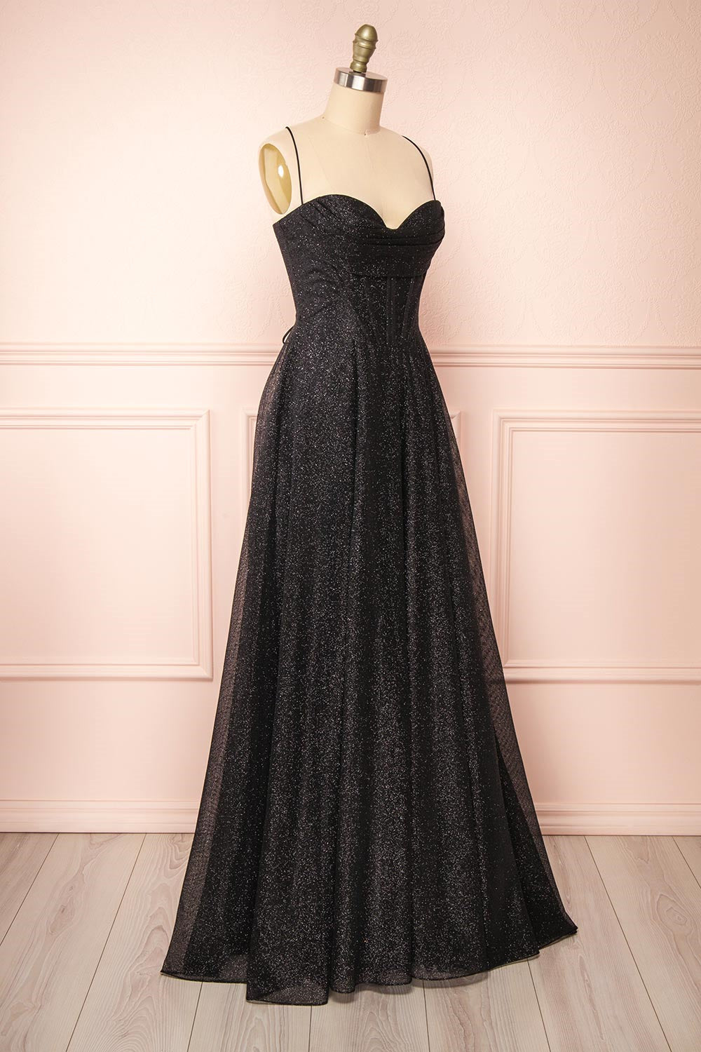 Sparkly Black Lace-Up A-line Sweetheart Gemmanovae Long Prom Dress