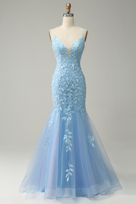 Light Blue Mermaid Lace-Up Appliques Tulle Gemmanovae Long Prom Dress