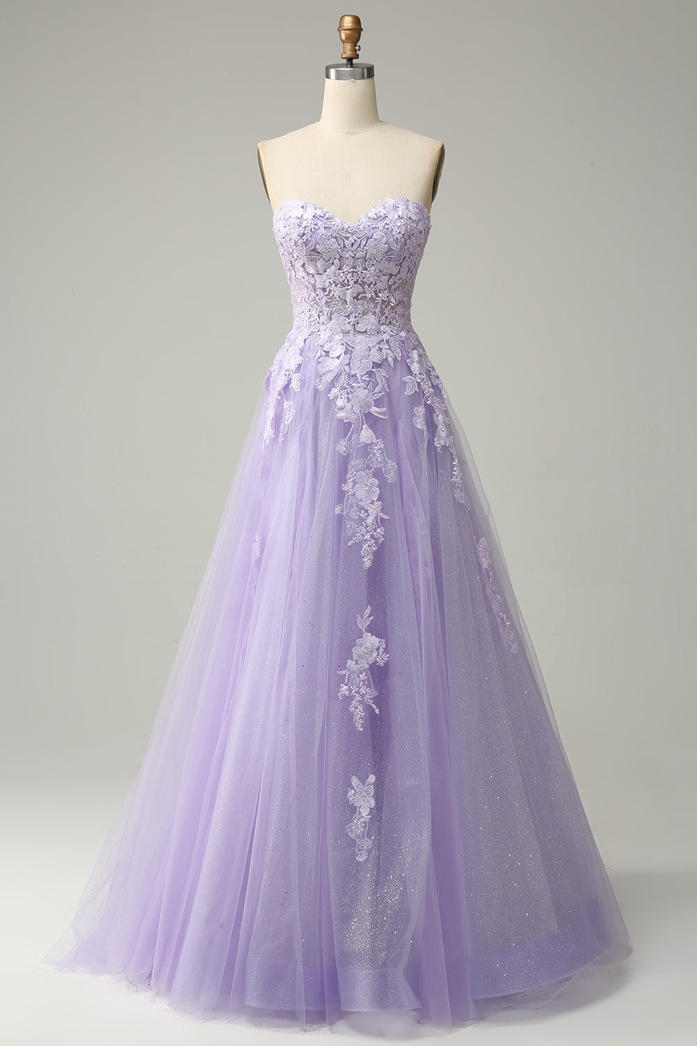 Lavender A-line Appliques Strapless Lace-Up Gemmanovae Tulle Long Prom Dress