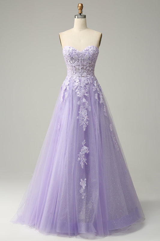 Lavender A-line Appliques Strapless Lace-Up Gemmanovae Tulle Long Prom Dress