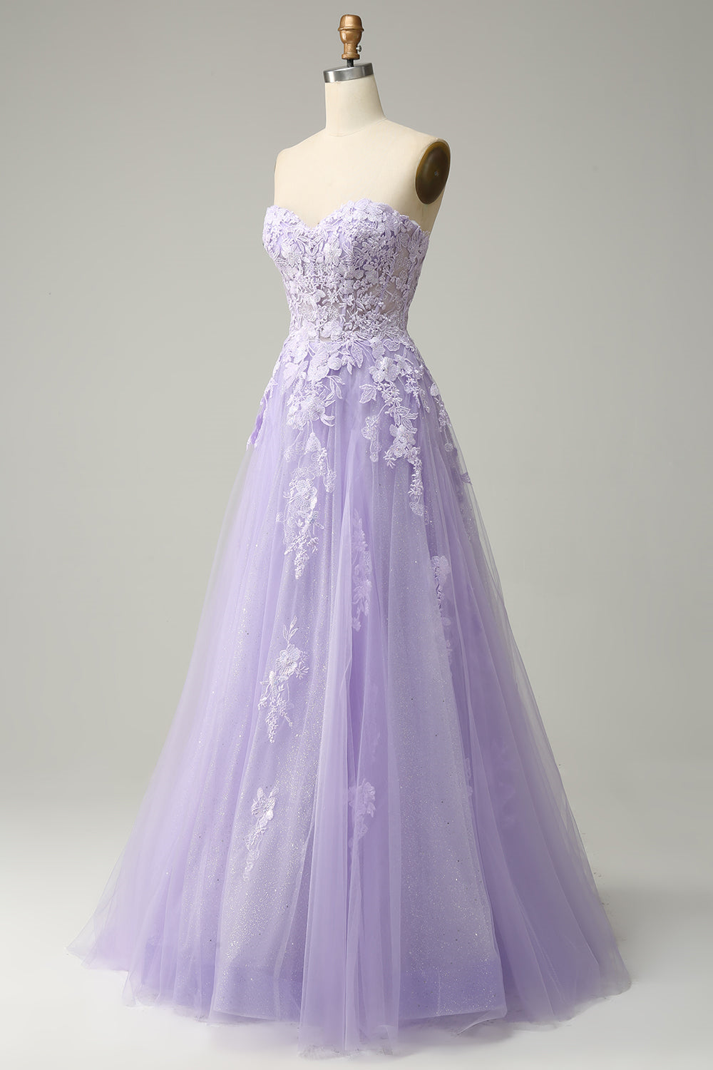 Lavender A-line Appliques Strapless Lace-Up Gemmanovae Tulle Long Prom Dress