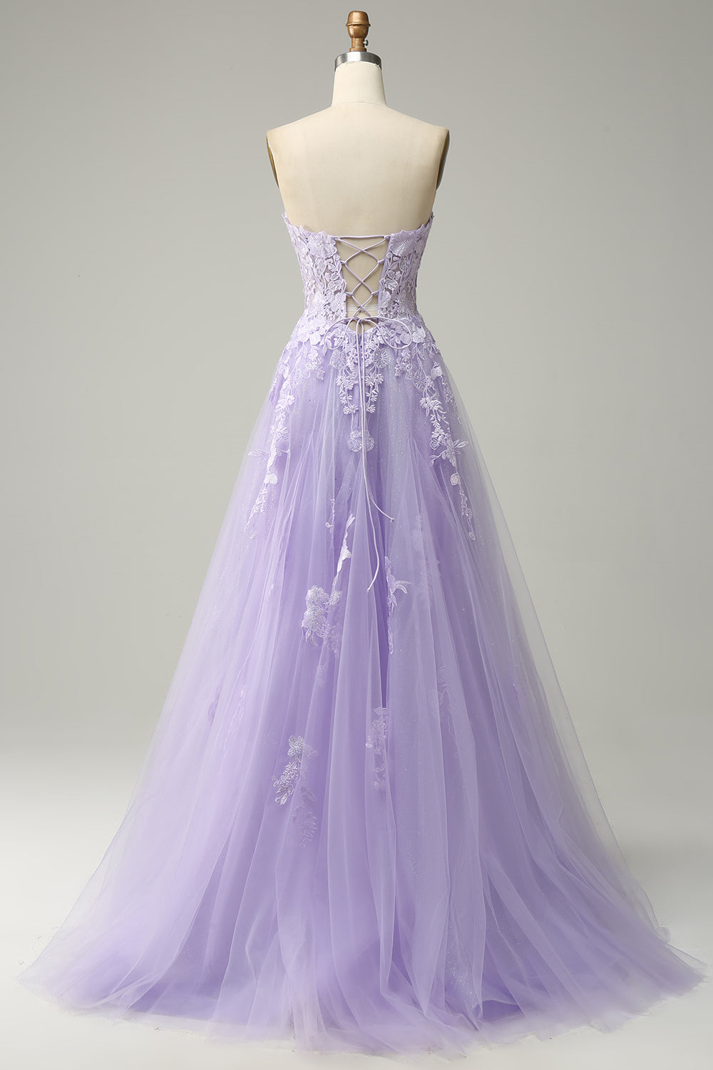 Lavender A-line Appliques Strapless Lace-Up Gemmanovae Tulle Long Prom Dress