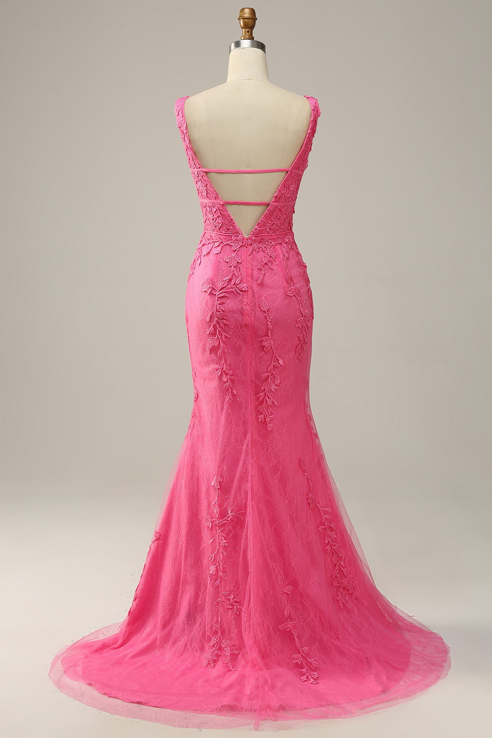 Gemmanovae Hot Pink Appliques Plunging V Neck Mermaid Long Prom Dress