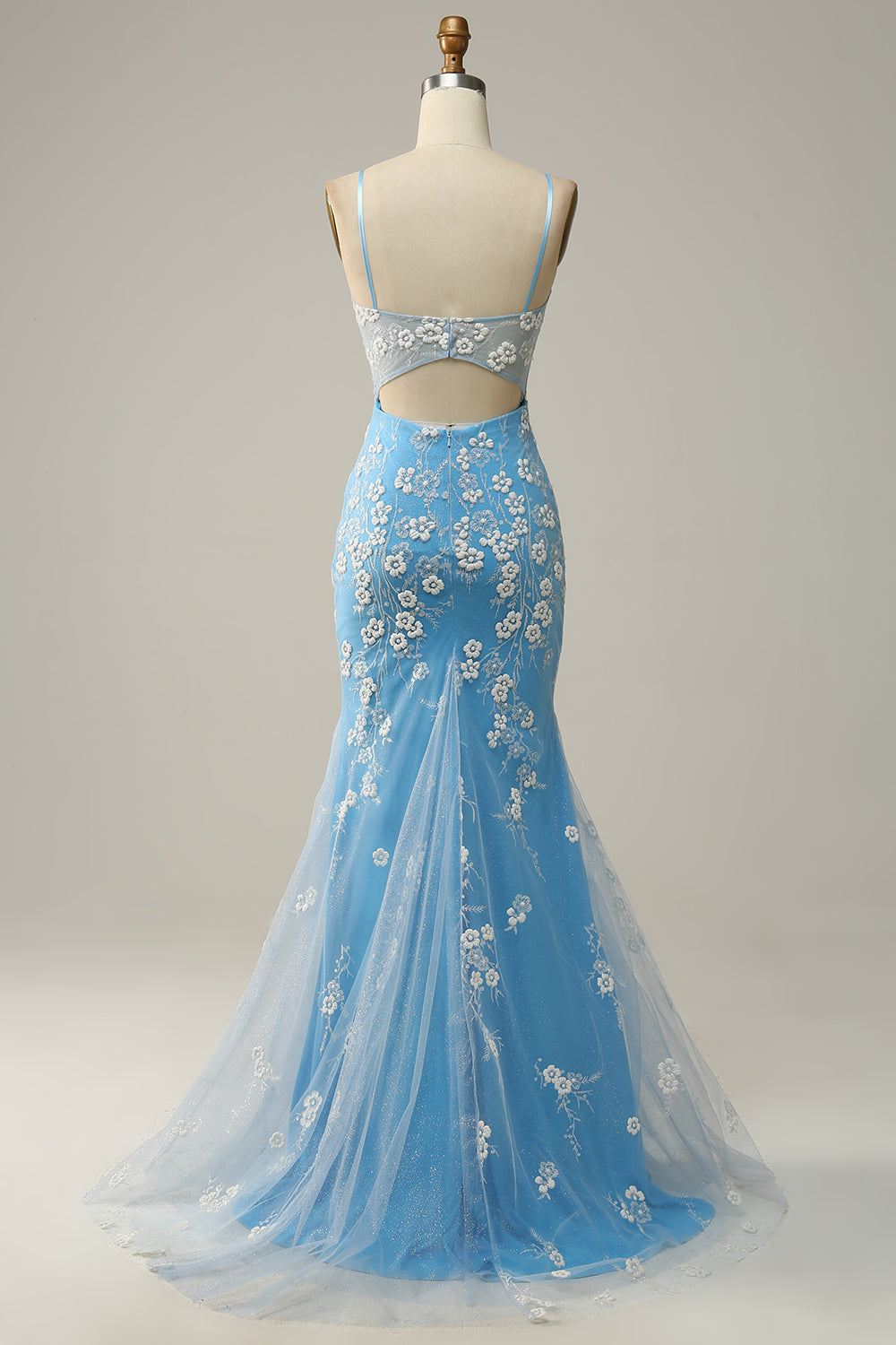 Sky Blue Straps Mermaid Appliques Cut-Out Gemmanovae Long Prom Dress with Slit