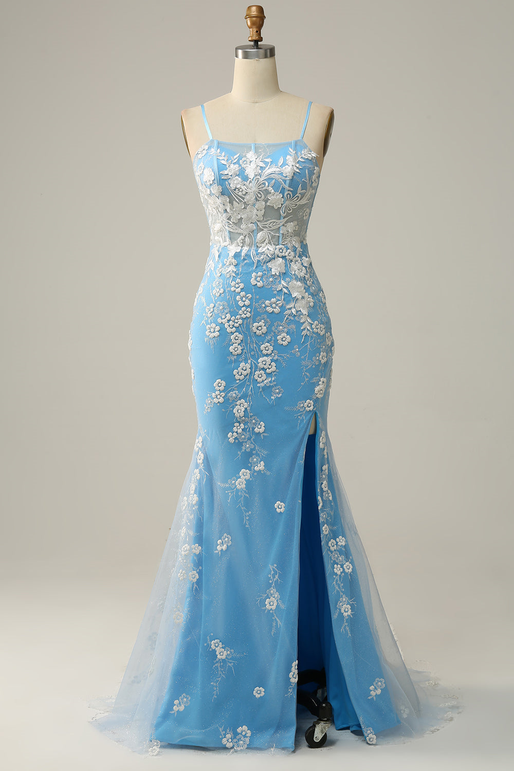 Sky Blue Straps Mermaid Appliques Cut-Out Gemmanovae Long Prom Dress with Slit